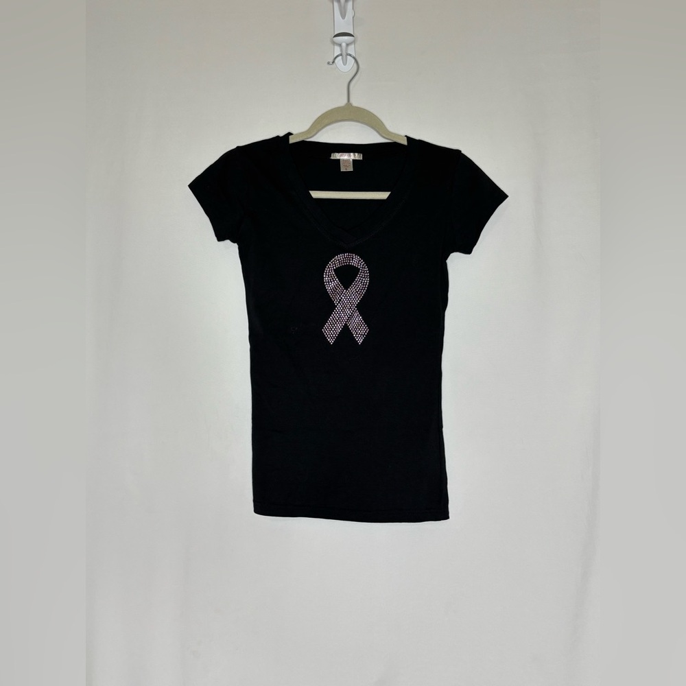Rosio Black Tee with Pink Ribbon Detail